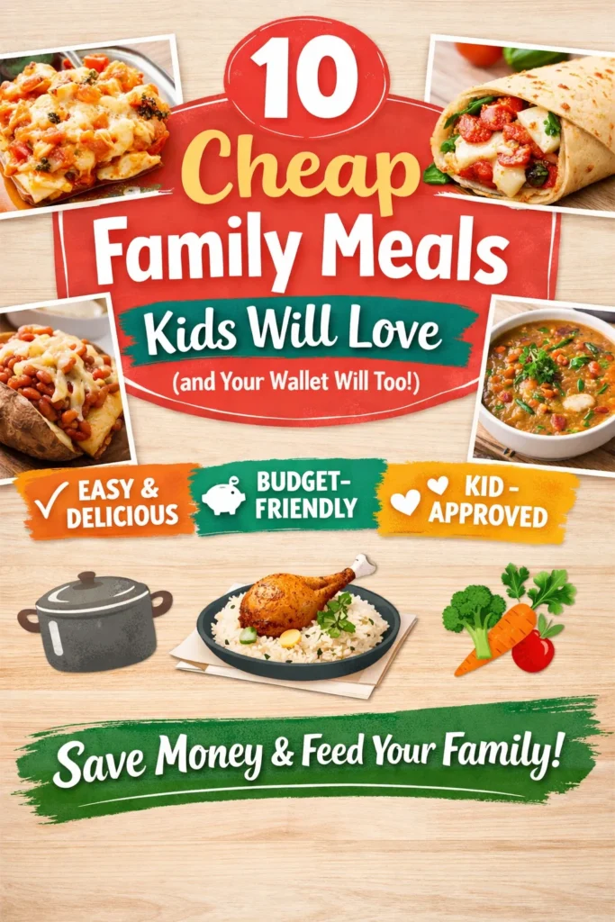 Pinterest pin reads 10 cheap family meals that your kids will love and your wallet will too