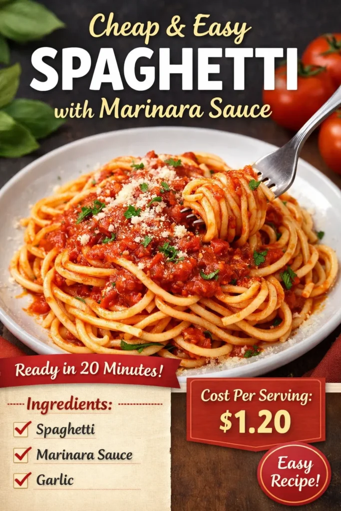 Pinterest pin shows Spaghetti in Marinara Sauce for Under $2 per serving