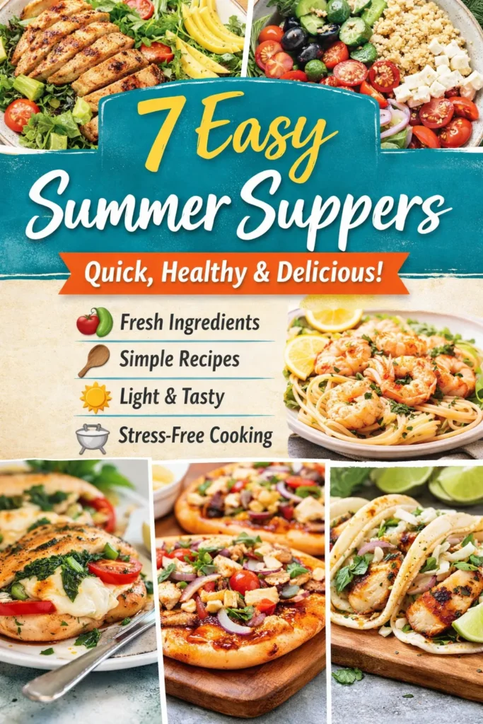 Pinterest pin reads 7 Easy Summer Suppers, quick, healthy and delicious
