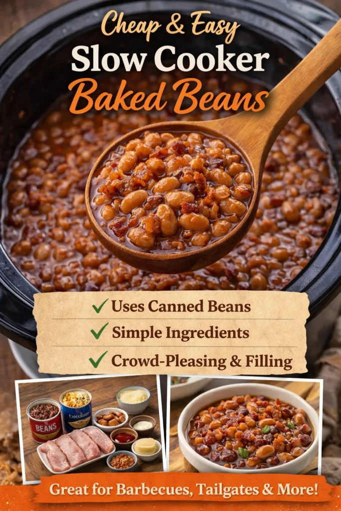 Pinterest pin shows cheap and easy slow cooker baked beans
