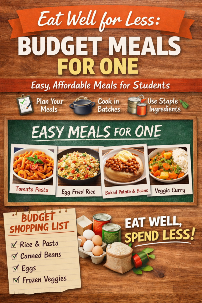 Pinterest image reads Eat Well For Less, Budget Meals For One - Easy Affordable Meals For Students