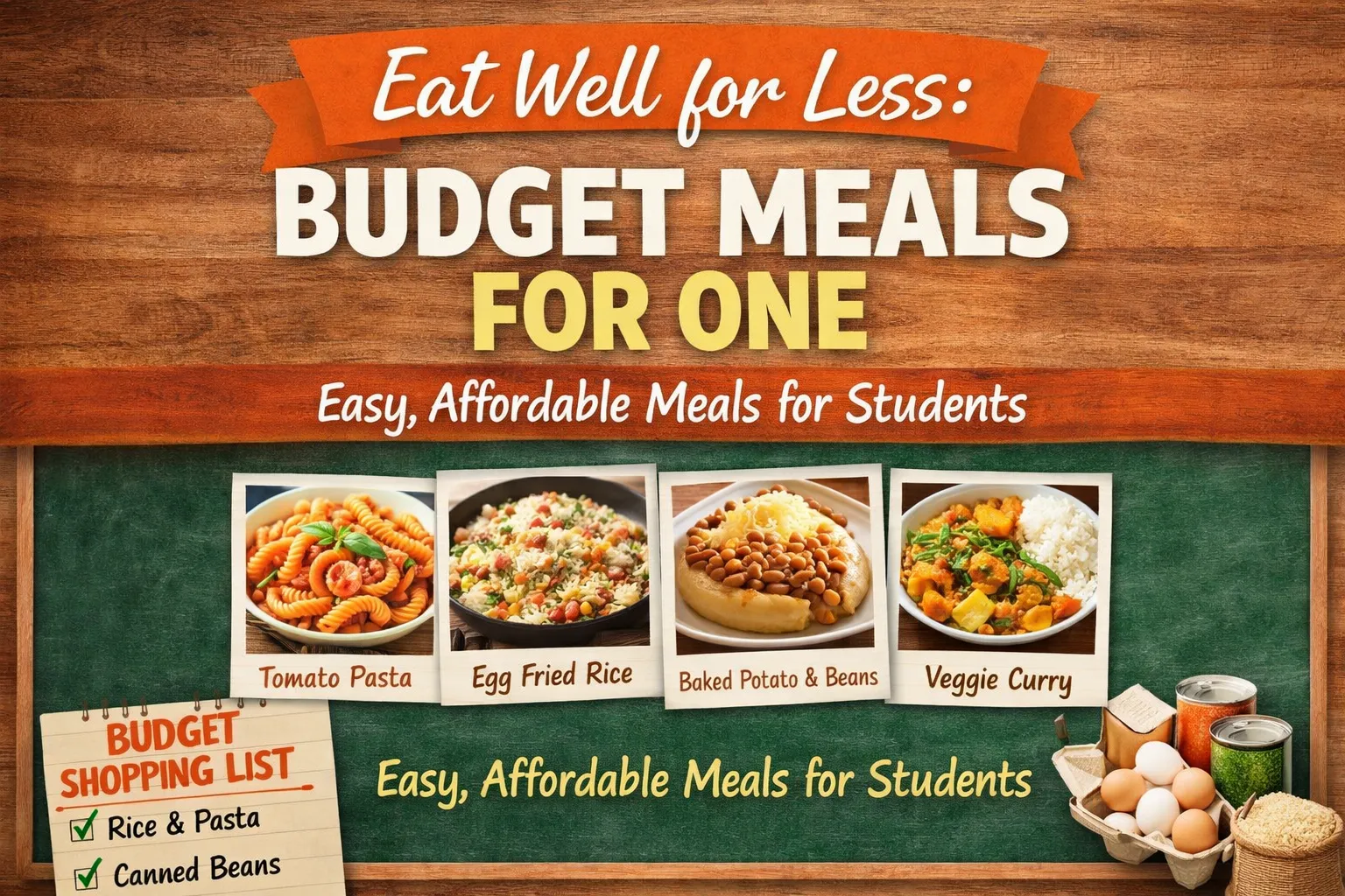 Featured image reads Eat Well For Less, Budget Meals For One. Easy Affordable Meals For Students