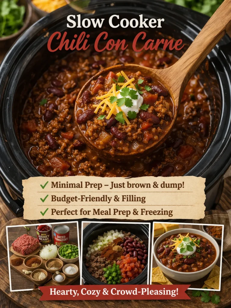 Pinterest pin shows slow cooker chili con carne