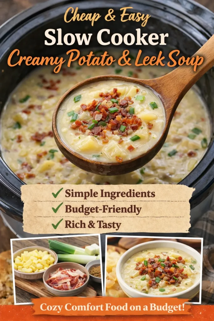 Pinterest image shows creamy potato and leek soup