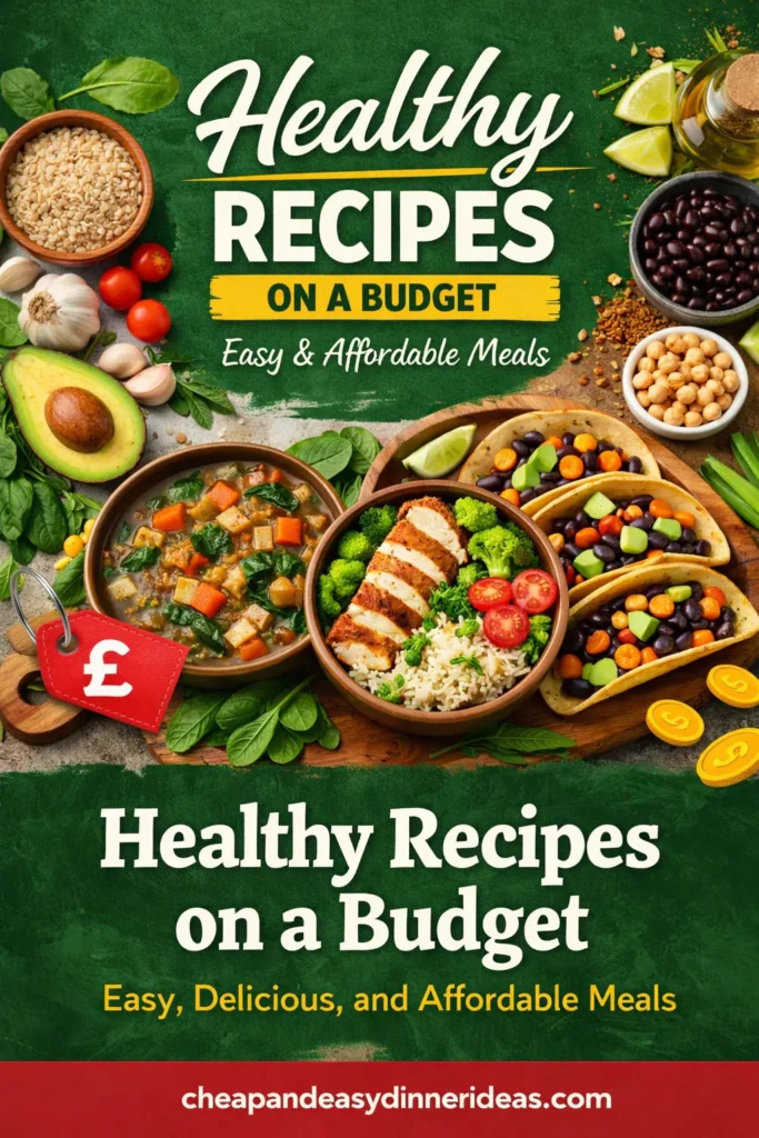 Pinterest pin shows healthy recipes on a budget