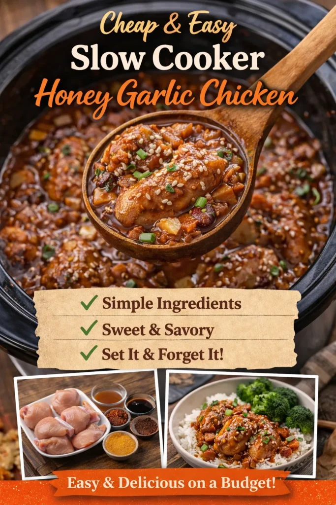 Pinterest pin shows slow cooker honey garlic chicken