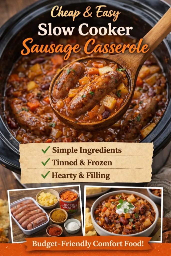 Pinterest pin shows slow cooker sausage casserole
